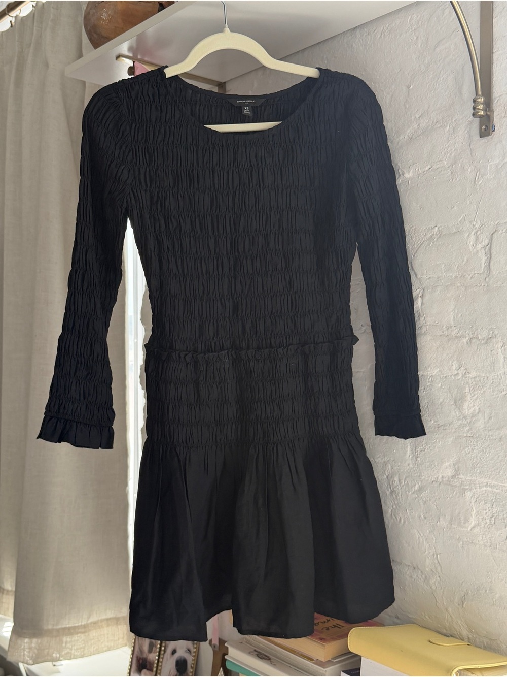 Banana Republic Black Smocked Long-Sleeve Dress